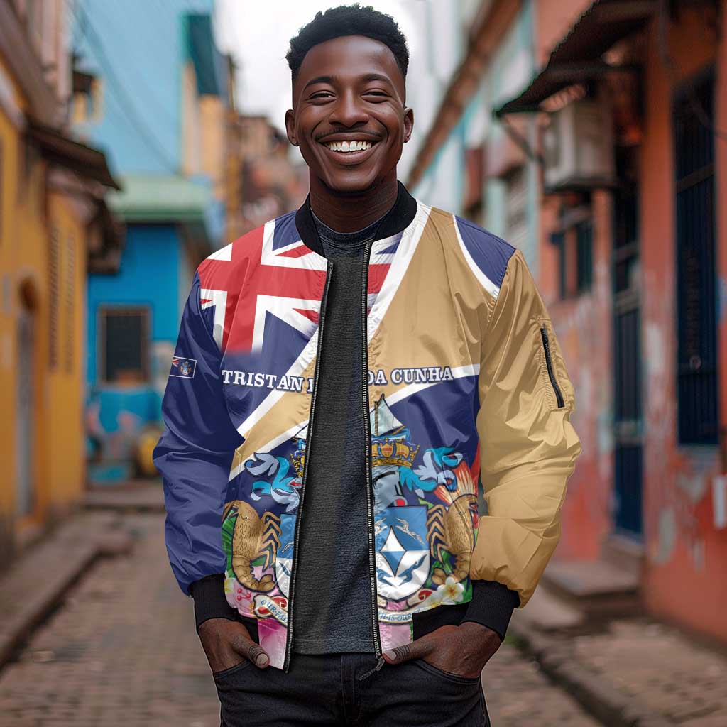 Personalized Tristan da Cunha Sleeve Zip Bomber Jacket Coat Of Arms Tropical Flowers