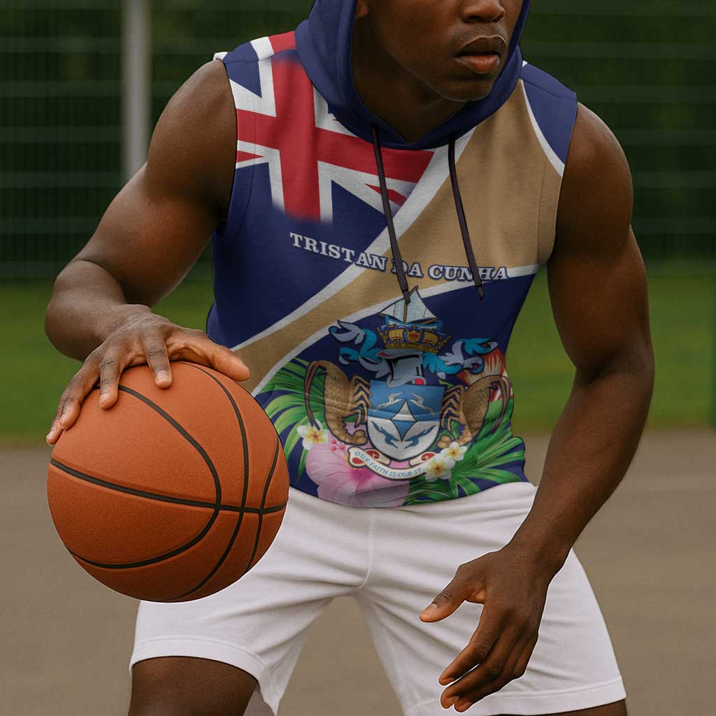 Personalized Tristan da Cunha Sleeveless Hoodie Coat Of Arms Tropical Flowers - African Pride