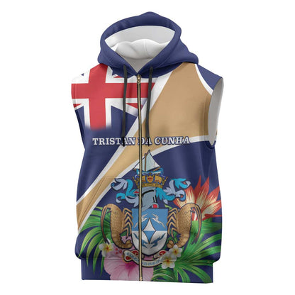 Personalized Tristan da Cunha Sleeveless Zip Hoodie Coat Of Arms Tropical Flowers - African Pride