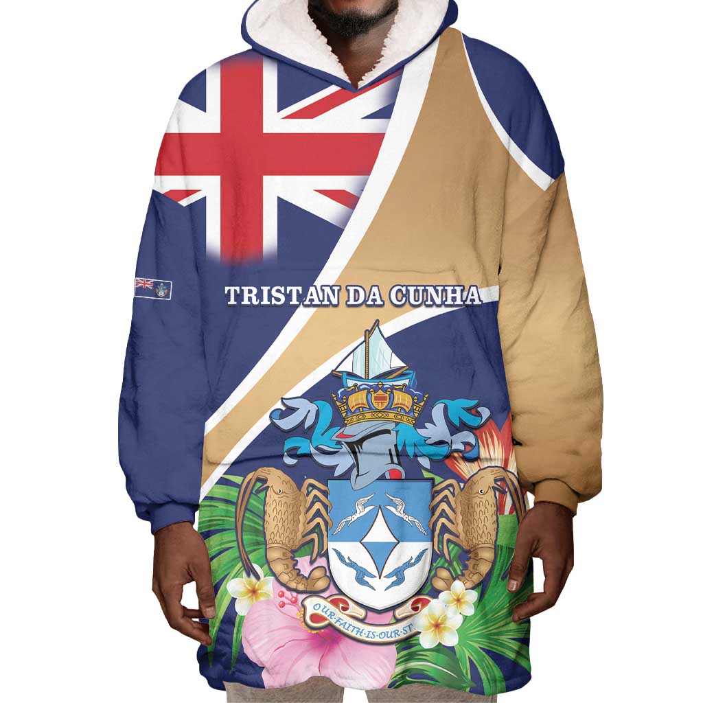 Personalized Tristan da Cunha Wearable Blanket Hoodie Coat Of Arms Tropical Flowers