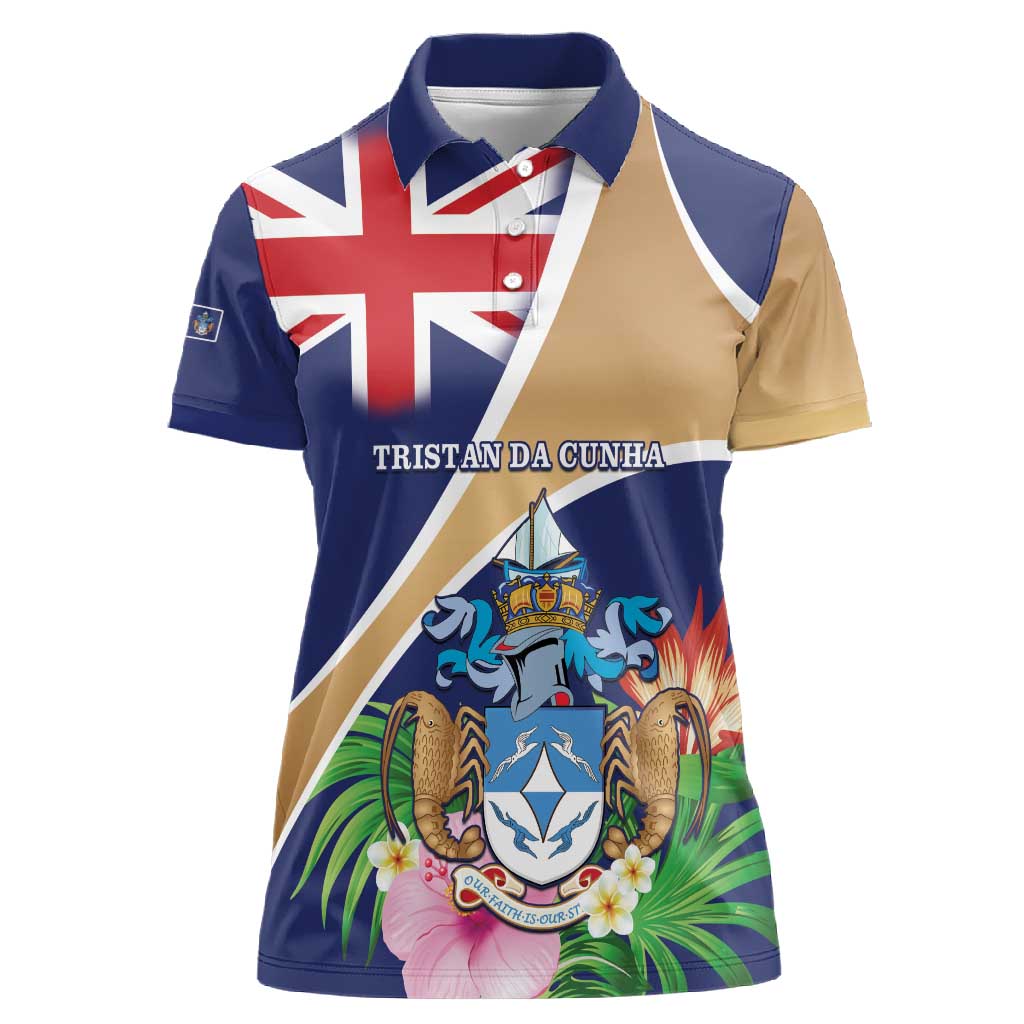 Personalized Tristan da Cunha Women Polo Shirt Coat Of Arms Tropical Flowers
