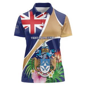 Personalized Tristan da Cunha Women Polo Shirt Coat Of Arms Tropical Flowers