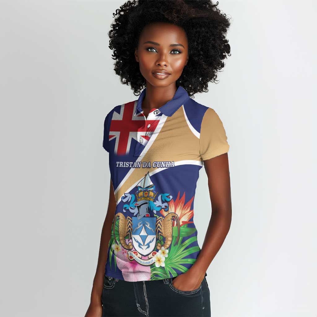 Personalized Tristan da Cunha Women Polo Shirt Coat Of Arms Tropical Flowers