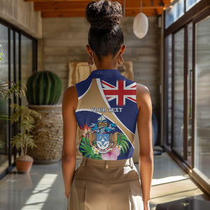 Personalized Tristan da Cunha Women Sleeveless Polo Shirt Coat Of Arms Tropical Flowers