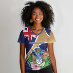 Personalized Tristan da Cunha Women V-Neck T-Shirt Coat Of Arms Tropical Flowers
