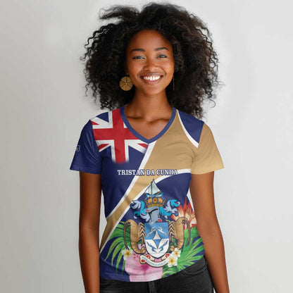 Personalized Tristan da Cunha Women V-Neck T-Shirt Coat Of Arms Tropical Flowers