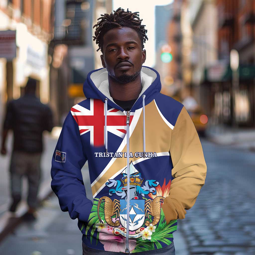 Personalized Tristan da Cunha Zip Hoodie Coat Of Arms Tropical Flowers