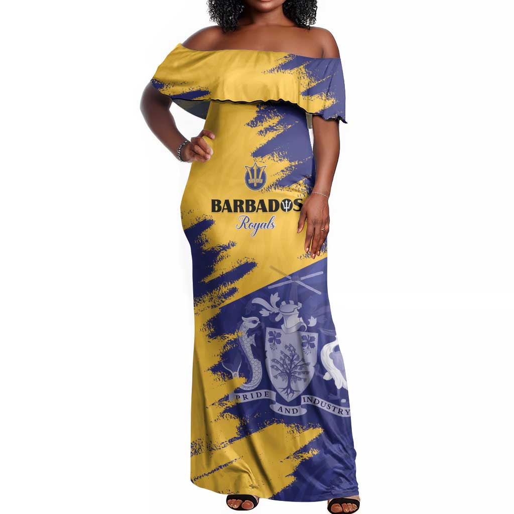 Barbados Royals Cricket Custom Off Shoulder Maxi Dress Coat Of Arms Flag Style - African Pride