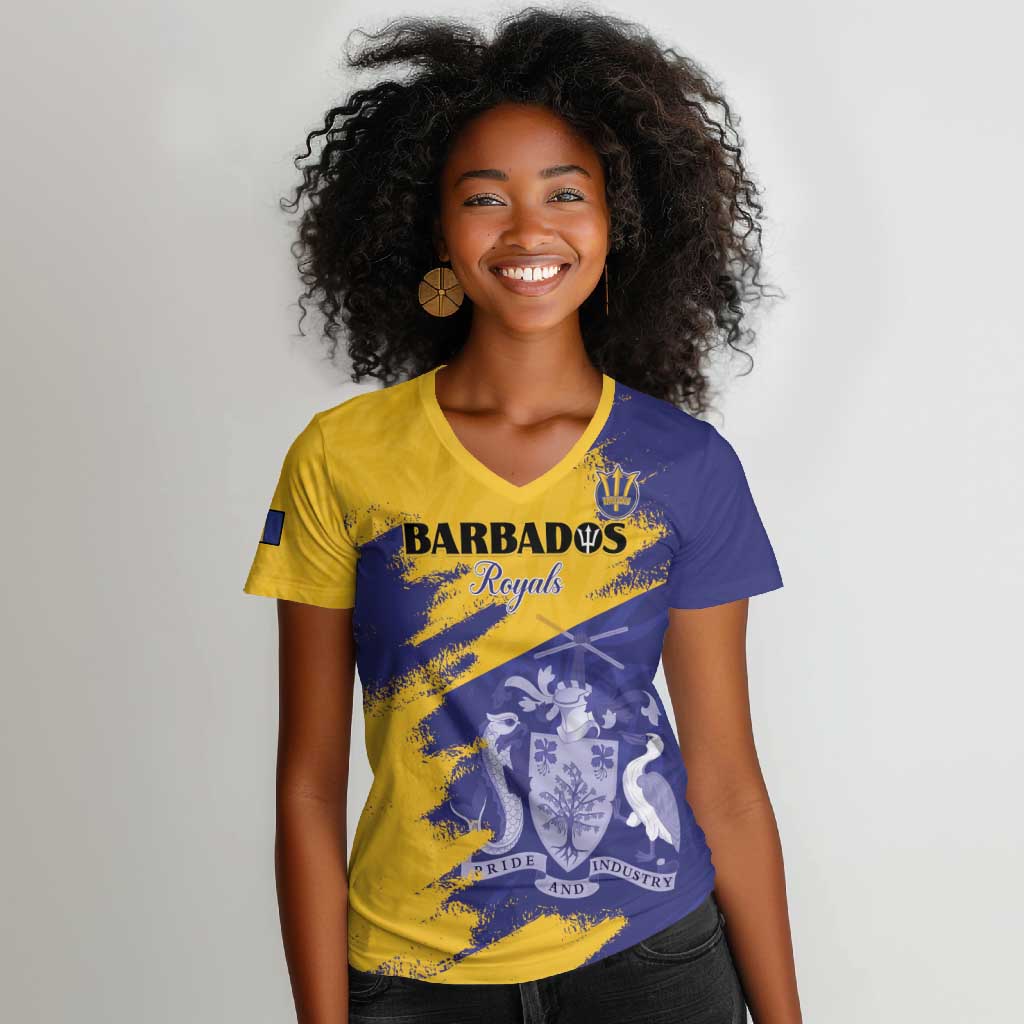 Barbados Royals Cricket Custom Women V-Neck T-Shirt Coat Of Arms Flag Style - African Pride