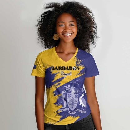 Barbados Royals Cricket Custom Women V-Neck T-Shirt Coat Of Arms Flag Style - African Pride