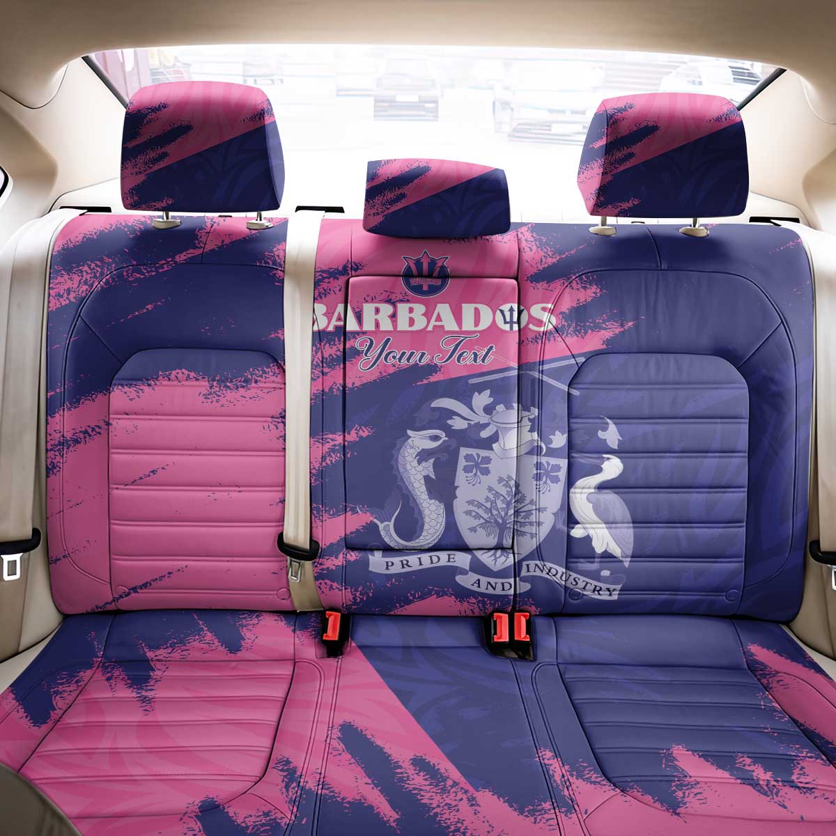 Barbados Royals Cricket Custom Back Car Seat Cover Coat Of Arms Pink - Blue Color - African Pride