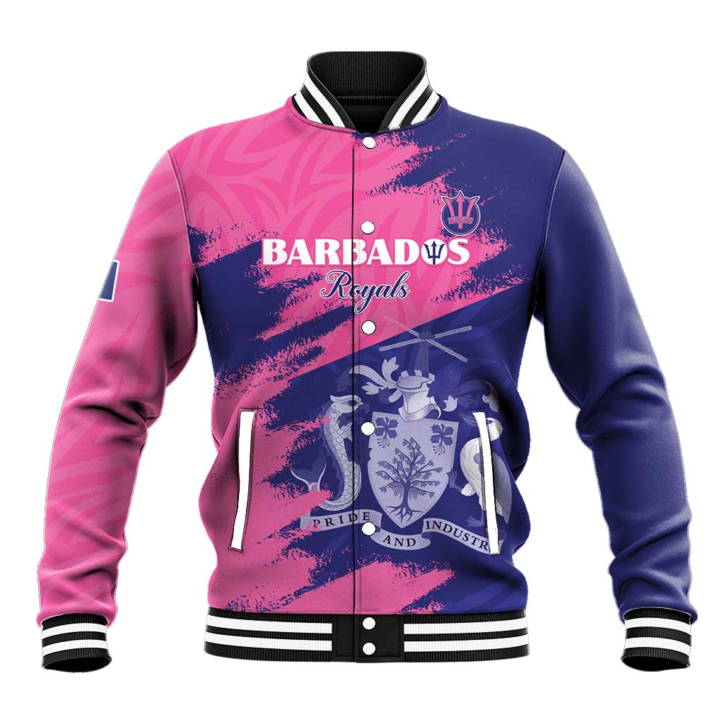 Barbados Royals Cricket Custom Baseball Jacket Coat Of Arms Pink - Blue Color - African Pride