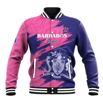 Barbados Royals Cricket Custom Baseball Jacket Coat Of Arms Pink - Blue Color - African Pride