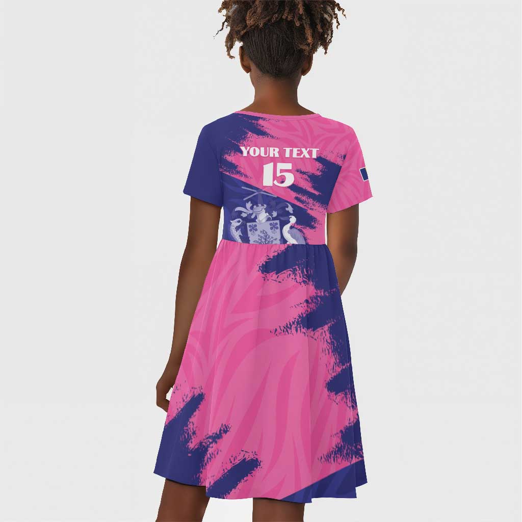 Barbados Royals Cricket Custom Kid Short Sleeve Dress Coat Of Arms Pink - Blue Color - African Pride
