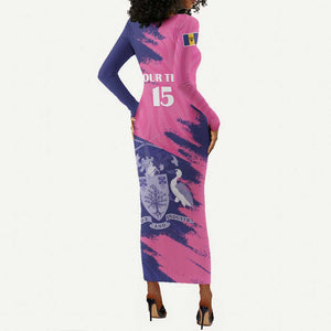 Barbados Royals Cricket Custom Long Sleeve Bodycon Dress Coat Of Arms Pink - Blue Color - African Pride