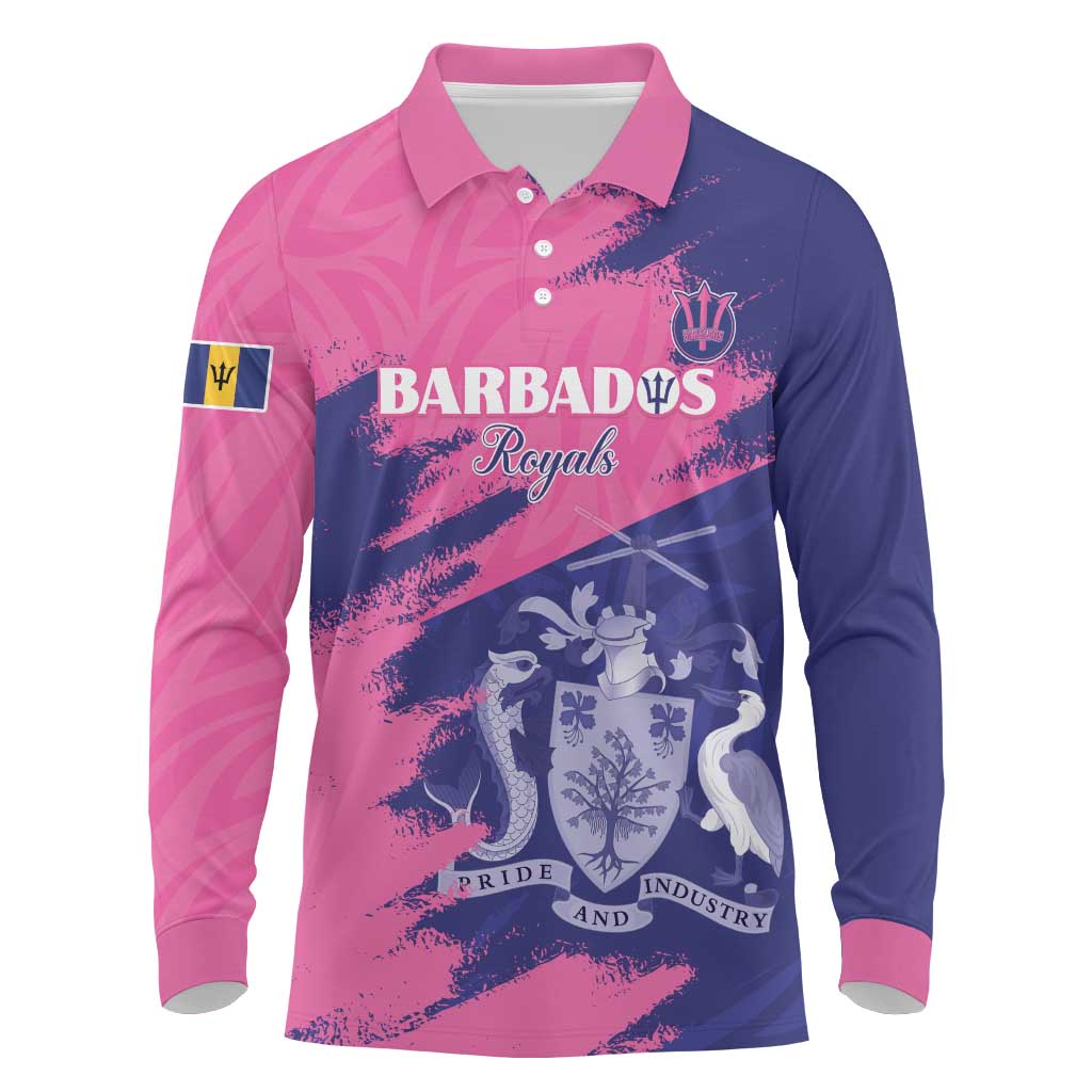 Barbados Royals Cricket Custom Long Sleeve Polo Shirt Coat Of Arms Pink - Blue Color - African Pride