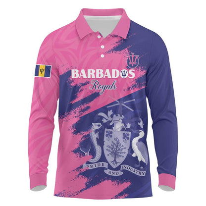 Barbados Royals Cricket Custom Long Sleeve Polo Shirt Coat Of Arms Pink - Blue Color - African Pride