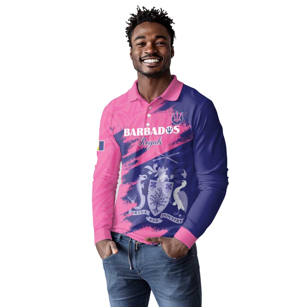 Barbados Royals Cricket Custom Long Sleeve Polo Shirt Coat Of Arms Pink - Blue Color - African Pride