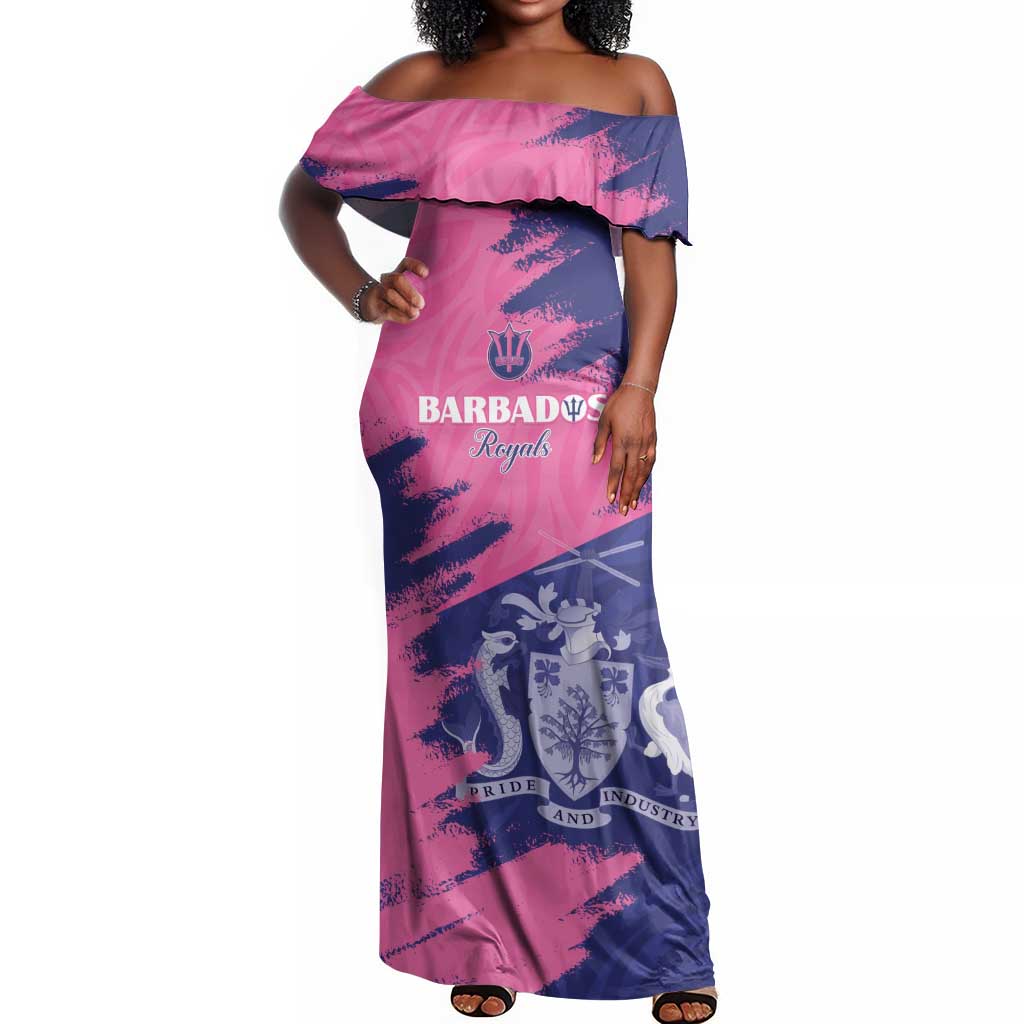 Barbados Royals Cricket Custom Off Shoulder Maxi Dress Coat Of Arms Pink - Blue Color - African Pride