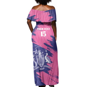 Barbados Royals Cricket Custom Off Shoulder Maxi Dress Coat Of Arms Pink - Blue Color - African Pride