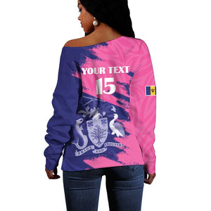 Barbados Royals Cricket Custom Off Shoulder Sweater Coat Of Arms Pink - Blue Color - African Pride