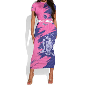 Barbados Royals Cricket Custom Short Sleeve Bodycon Dress Coat Of Arms Pink - Blue Color - African Pride