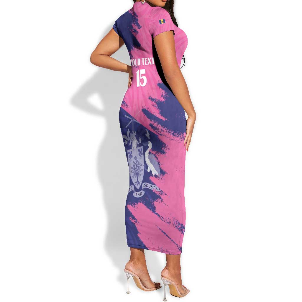 Barbados Royals Cricket Custom Short Sleeve Bodycon Dress Coat Of Arms Pink - Blue Color - African Pride