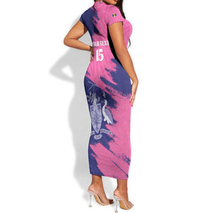 Barbados Royals Cricket Custom Short Sleeve Bodycon Dress Coat Of Arms Pink - Blue Color - African Pride