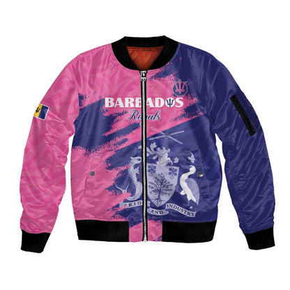 Barbados Royals Cricket Custom Sleeve Zip Bomber Jacket Coat Of Arms Pink - Blue Color - African Pride