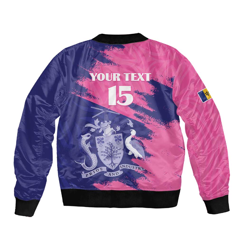 Barbados Royals Cricket Custom Sleeve Zip Bomber Jacket Coat Of Arms Pink - Blue Color - African Pride