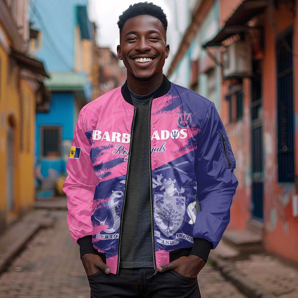 Barbados Royals Cricket Custom Sleeve Zip Bomber Jacket Coat Of Arms Pink - Blue Color - African Pride