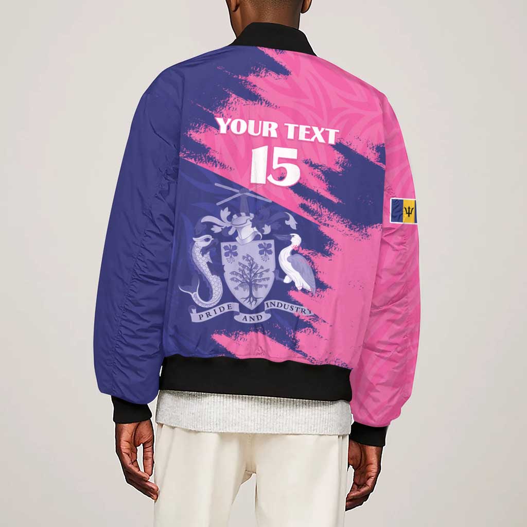 Barbados Royals Cricket Custom Sleeve Zip Bomber Jacket Coat Of Arms Pink - Blue Color - African Pride