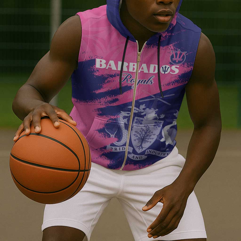 Barbados Royals Cricket Sleeveless Zip Hoodie Coat Of Arms Pink - Blue Color - African Pride