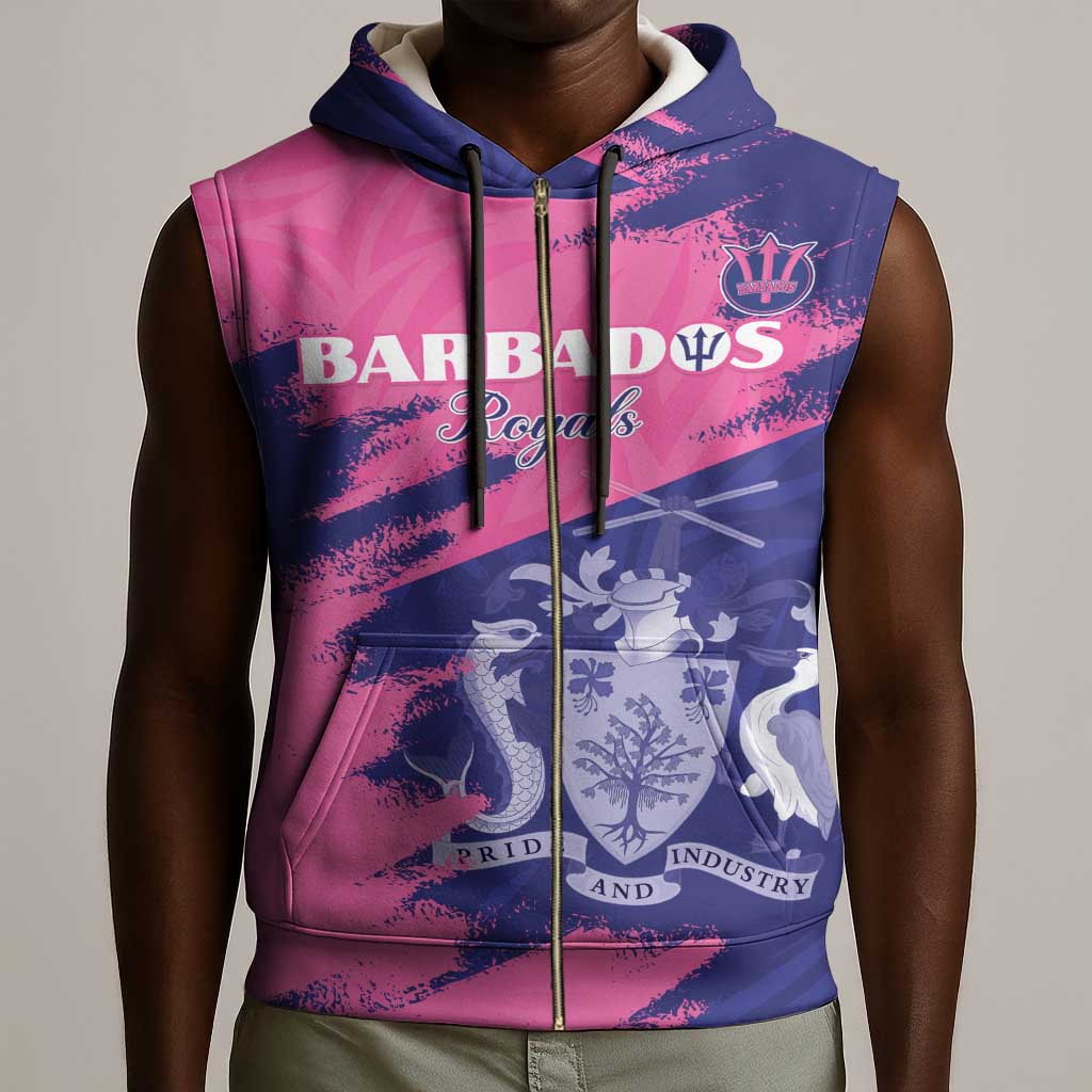 Barbados Royals Cricket Sleeveless Zip Hoodie Coat Of Arms Pink - Blue Color - African Pride