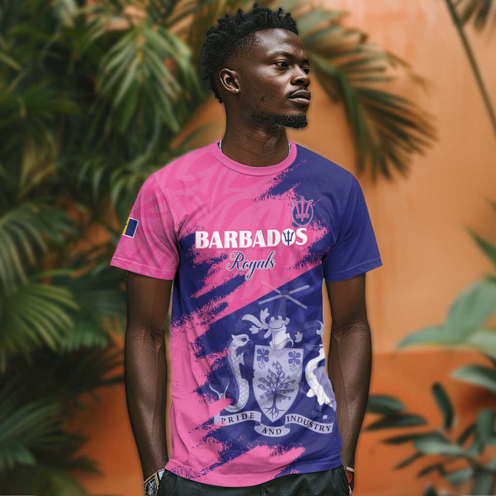 Barbados Royals Cricket Custom T shirt Coat Of Arms Pink - Blue Color - African Pride