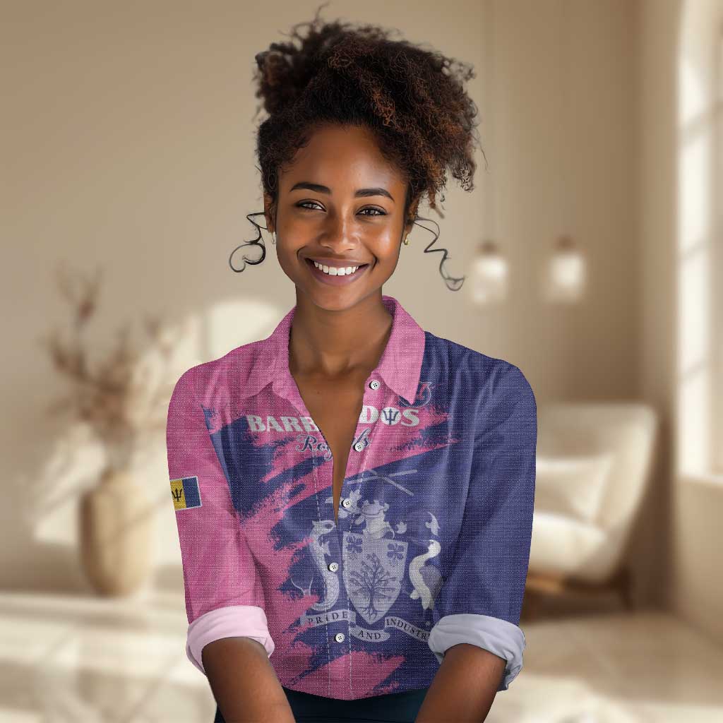 Barbados Royals Cricket Custom Women Casual Shirt Coat Of Arms Pink - Blue Color - African Pride