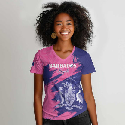 Barbados Royals Cricket Custom Women V-Neck T-Shirt Coat Of Arms Pink - Blue Color - African Pride