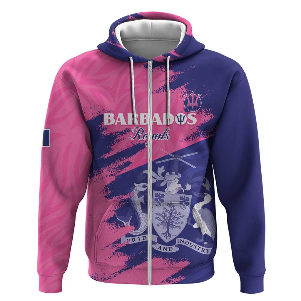 Barbados Royals Cricket Custom Zip Hoodie Coat Of Arms Pink - Blue Color - African Pride