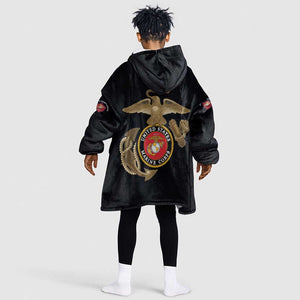 African American Heroes Kid Wearable Blanket Hoodie Montford Point Marines - Black - African Pride