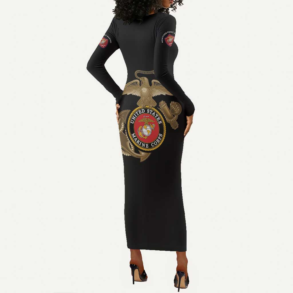 African American Heroes Long Sleeve Bodycon Dress Montford Point Marines - Black - African Pride