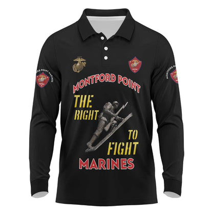 African American Heroes Long Sleeve Polo Shirt Montford Point Marines - Black - African Pride