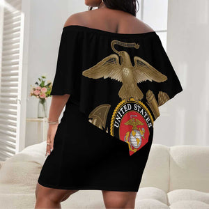 African American Heroes Off Shoulder Short Dress Montford Point Marines - Black - African Pride