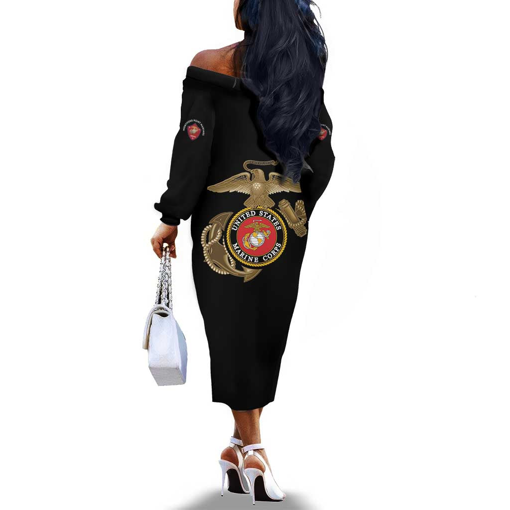 African American Heroes Off The Shoulder Long Sleeve Dress Montford Point Marines - Black - African Pride