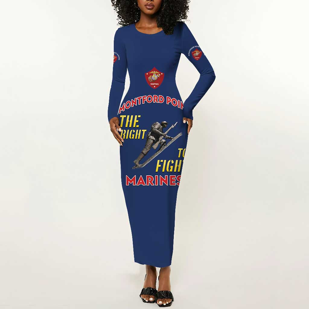 African American Heroes Long Sleeve Bodycon Dress Montford Point Marines - Blue - African Pride