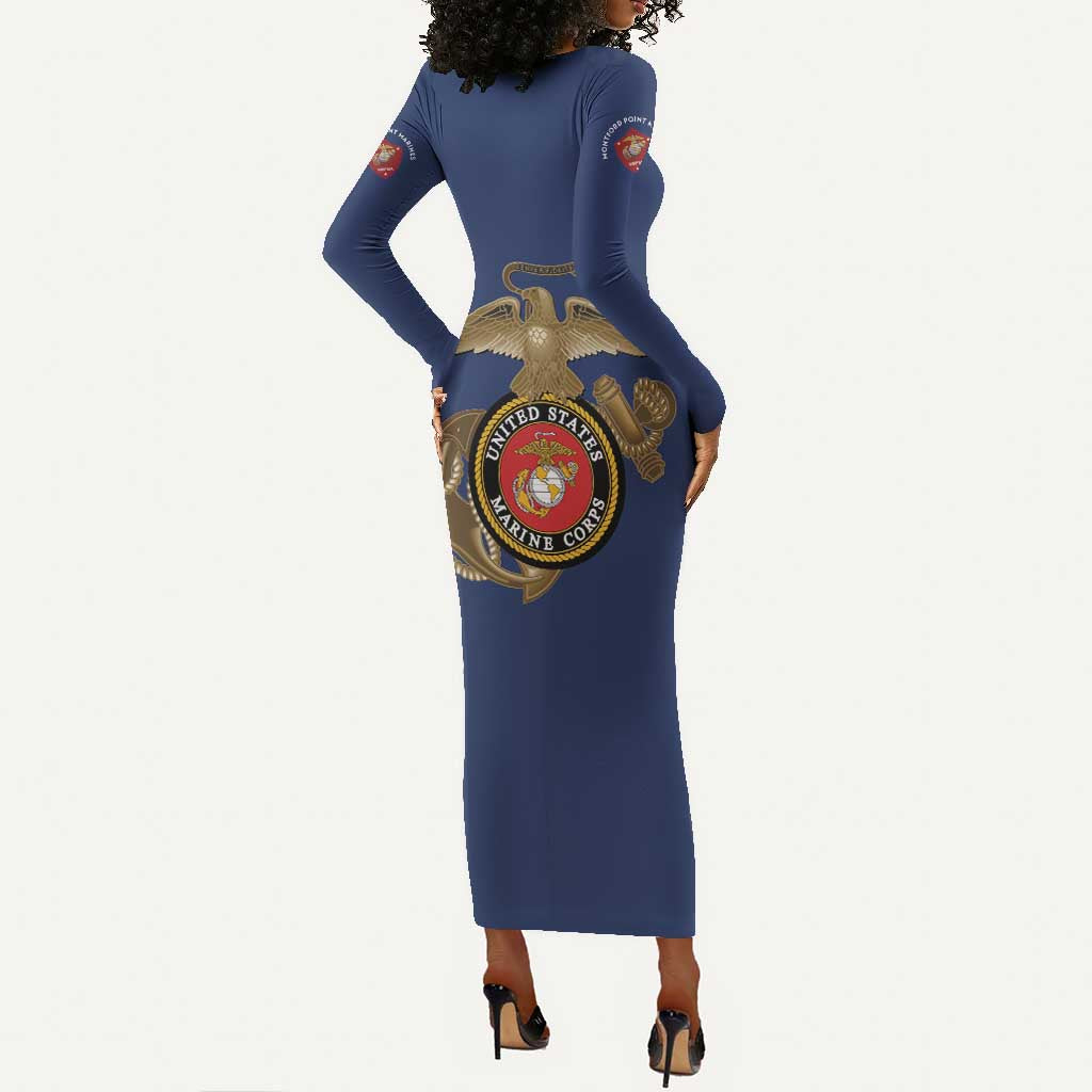 African American Heroes Long Sleeve Bodycon Dress Montford Point Marines - Blue - African Pride