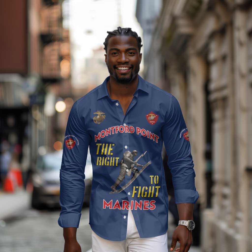 African American Heroes Long Sleeve Button Shirt Montford Point Marines - Blue - African Pride