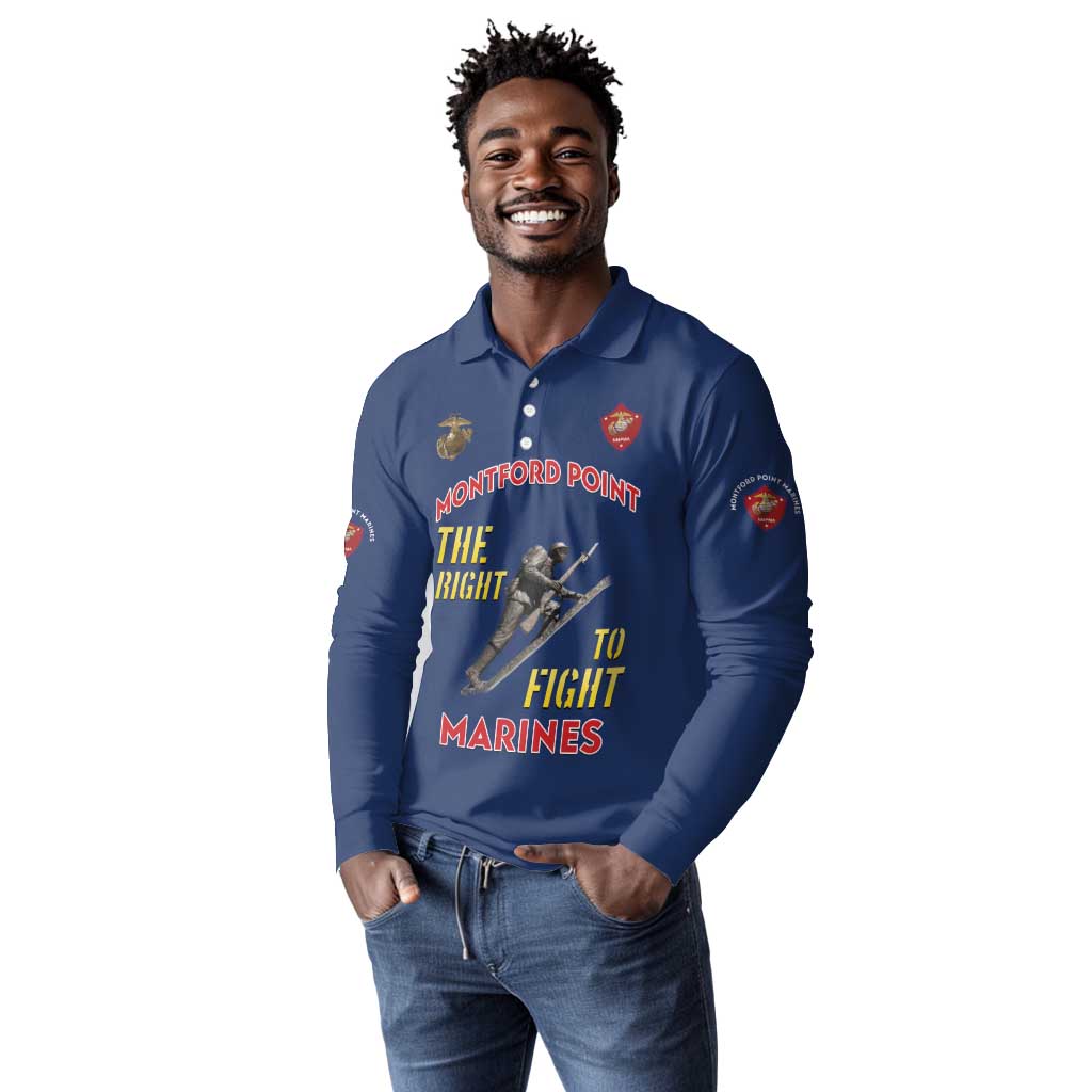African American Heroes Long Sleeve Polo Shirt Montford Point Marines - Blue - African Pride