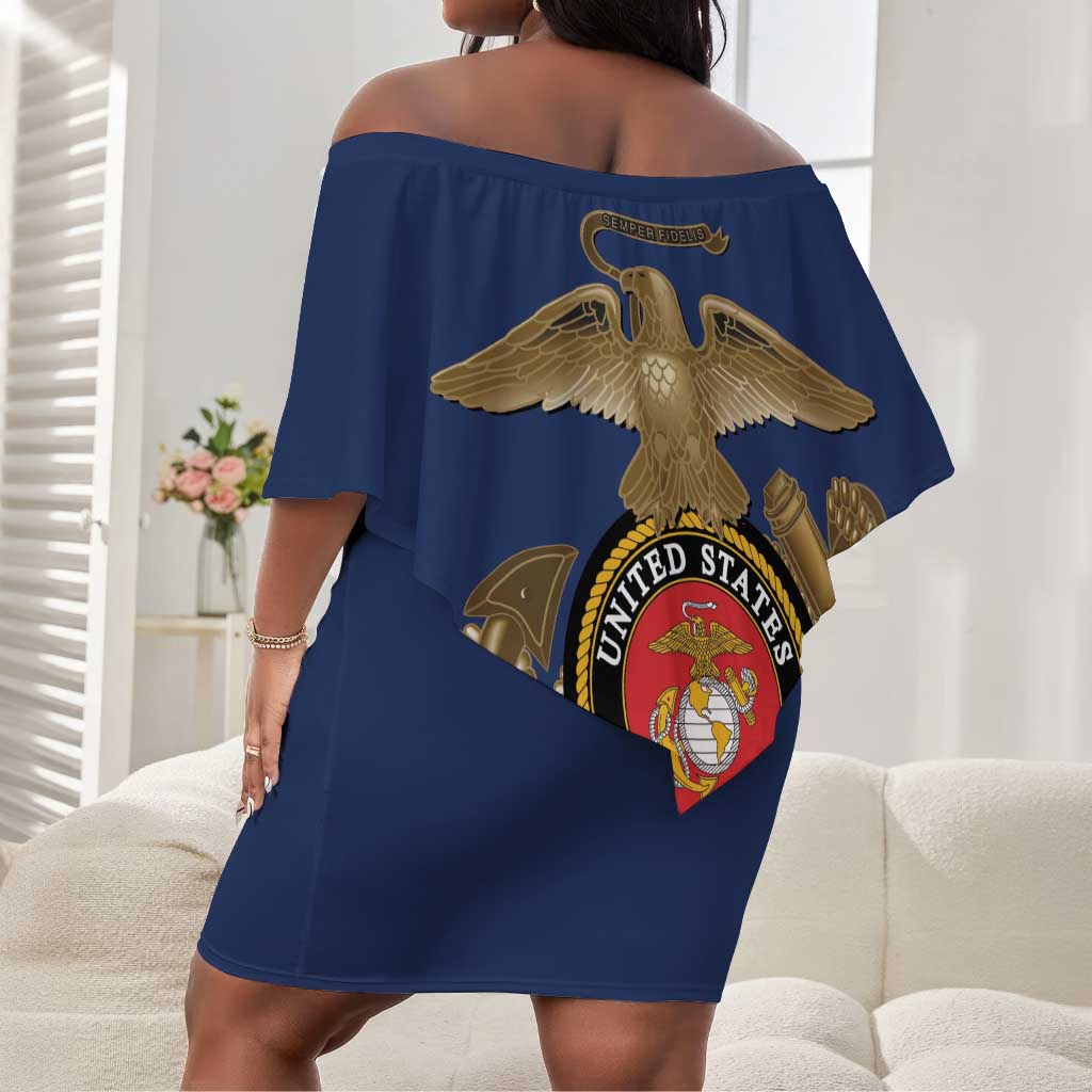 African American Heroes Off Shoulder Short Dress Montford Point Marines - Blue - African Pride