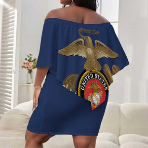 African American Heroes Off Shoulder Short Dress Montford Point Marines - Blue - African Pride
