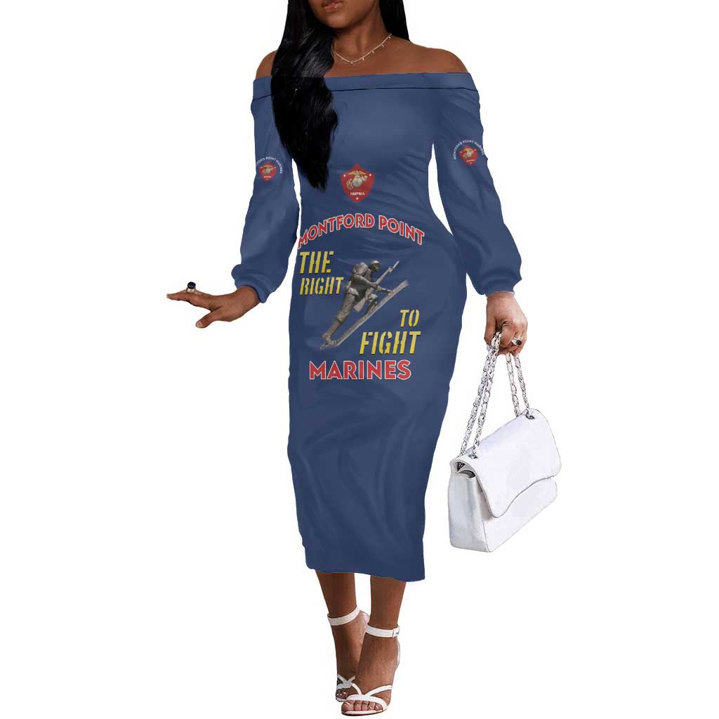 African American Heroes Off The Shoulder Long Sleeve Dress Montford Point Marines - Blue - African Pride